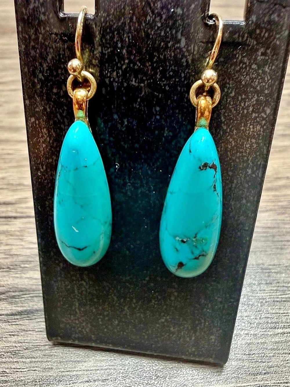 Barse Teardrop Turquoise Golden Bronze Drop Earrings Blue & Gold